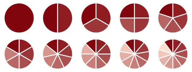 Vector illustration of Circles divided diagram 3, 10, 7, graph icon pie shape section chart. Segment circle round vector 6, 9 devide infographic