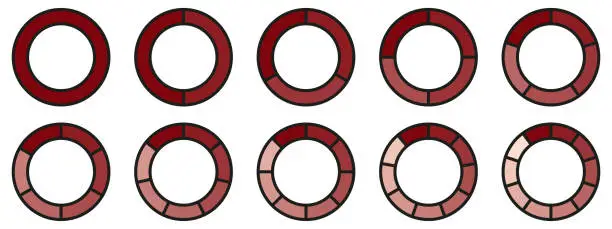 Vector illustration of Circles divided diagram 3, 10, 7, graph icon pie shape section chart. Segment circle round vector 6, 9 devide infographic