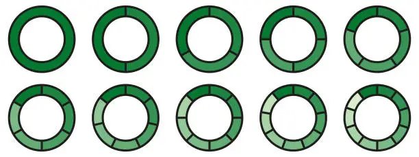 Vector illustration of Circles divided diagram 3, 10, 7, graph icon pie shape section chart. Segment circle round vector 6, 9 devide infographic