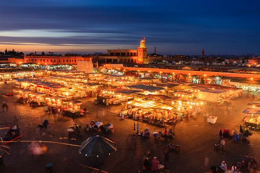 Night view of Djemaa el Fna square, Marrakech, Morocco. Djemaa el Fna is a heart of Marrakesh's medina quarter.