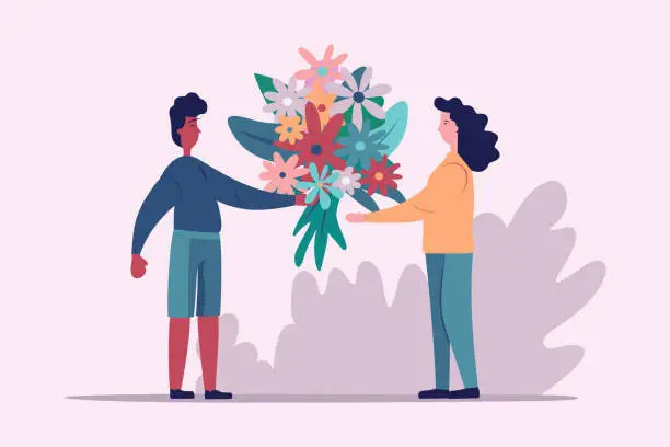 Vector illustration of Dark skinned character mangives a bouquet of flowers to white girl, St Valentine's day, March 8, womans day, first love, holiday, love, date, happiness, romantic, simple modern illustration.