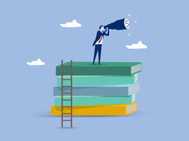 Vector illustration of Business skills for career opportunity, knowledge or education for future job, challenge and personal improvement, reading list concept, businessman climb up ladder on books stack for good vision.