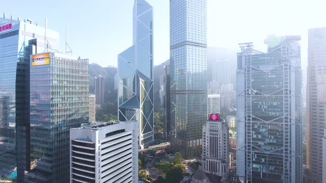 Aerial view panorama of Hong Kong financial center on Victoria Island in morning light