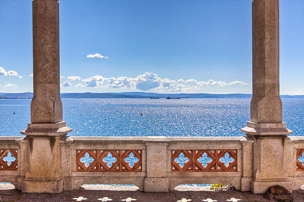 balcony on the sea in miramare castle trieste balcony on the sea in miramare castle trieste trieste stock pictures, royalty-free photos & images