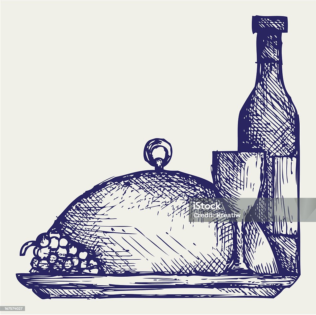 Виноград, бутылки и бокала вина на круглый поднос - Векторная графика Без людей роялти-фри