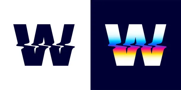 Vector illustration of W letter logo with color glitch. Neon double exposure style. Multicolor gradient sign with hologram and illusion effect.