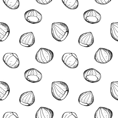 Chestnuts seamless pattern with plant, fruit, sweet chestnut repeating background. Backdrop with nuts decorative ornament for print, paper,  wrapping, card, template, packaging. Vector illustration. Design element