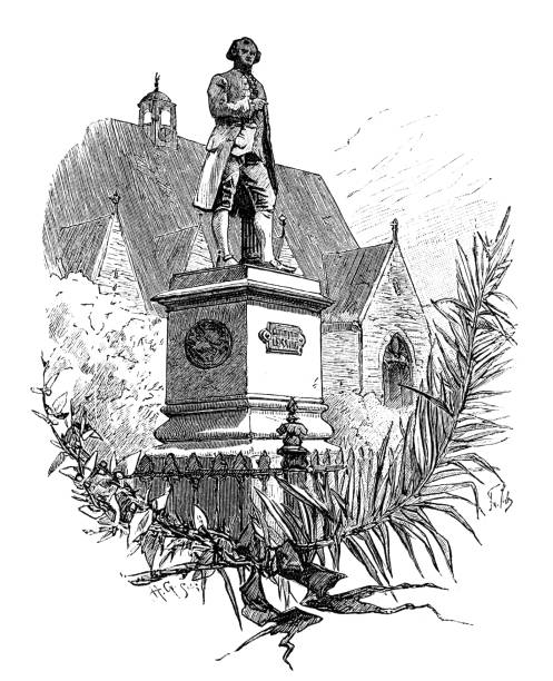 Brunswick, Lessing statue Illustration from 19th century. gotthold ephraim lessing stock illustrations