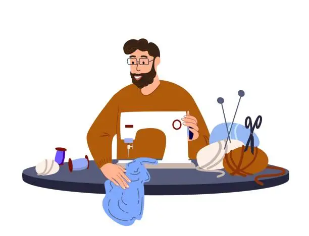 Vector illustration of Tailor Seamstress Man Sewing and Creating Clothes on Sewing Machine.Designer Atelier Handiwork.Fabrics Textile Dressmaker Tailoring.Man and Hobby.Stylist Sewing in Workshop.Flat Vector Illustration