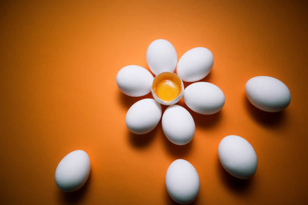 istock Flower shaped raw egg on orange background. Few white eggs, whole and broken egg half with a yolk isolated on a white background 1675761249