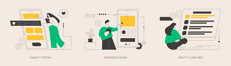 Web designer services abstract concept vector illustration set. Usability testing, experience design, identity guidelines, user experience test, UX and UI element, corporate ID abstract metaphor.