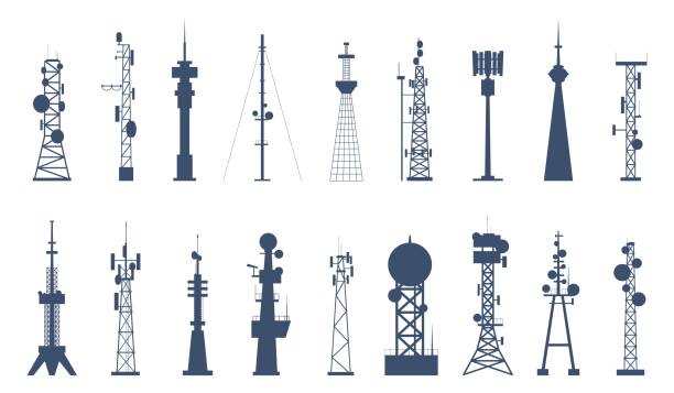 Isolated antenna tower silhouettes, 5g cell and gsm signal equipment. Communication internet towers, telecom or radio flat recent vector icons Isolated antenna tower silhouettes, 5g cell and gsm signal equipment. Communication internet towers, telecom or radio flat recent vector icons. Illustration of antenna connection signal communications tower stock illustrations