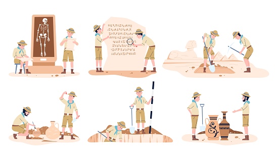 Archeologist working, geology and archeology. Historical archeological discovery, man and woman with tools. Cartoon ancient recent vector set of excavation prehistoric illustration