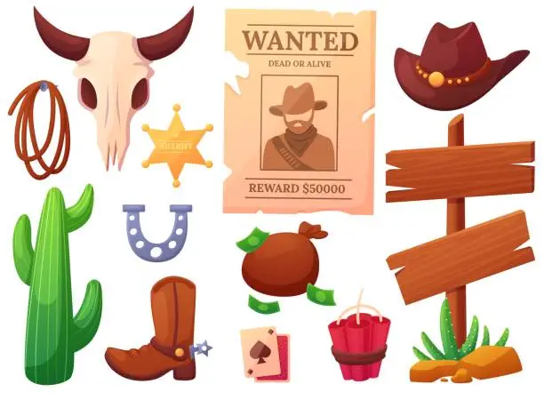Vector illustration of Wild west cartoon elements set. Gold sheriff star, cowboy hat boots and tools. Texas lifestyle emblems, vintage western nowaday vector collection