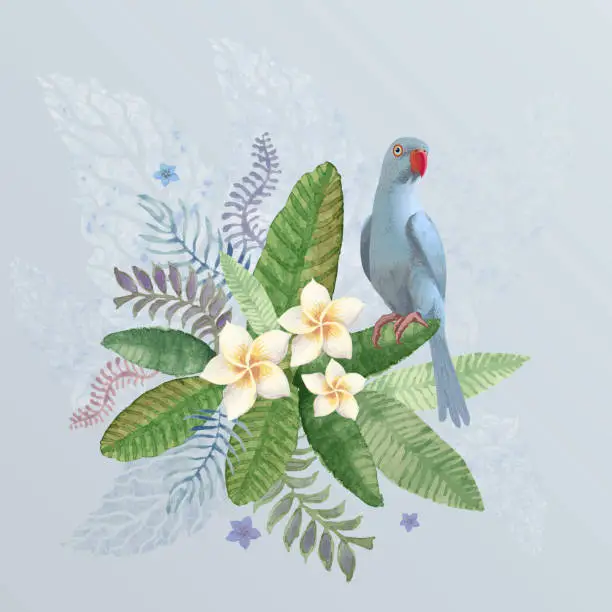 Vector illustration of Watercolor painted tropical frangipani flower, palm leaves and blue Indian parrot on a blue background. Wedding invitation, Birthday greeting, book cover, postcard