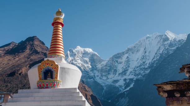 istock Large white building situated against a backdrop of two large mountains in Nepal, Everest region. 1675772170
