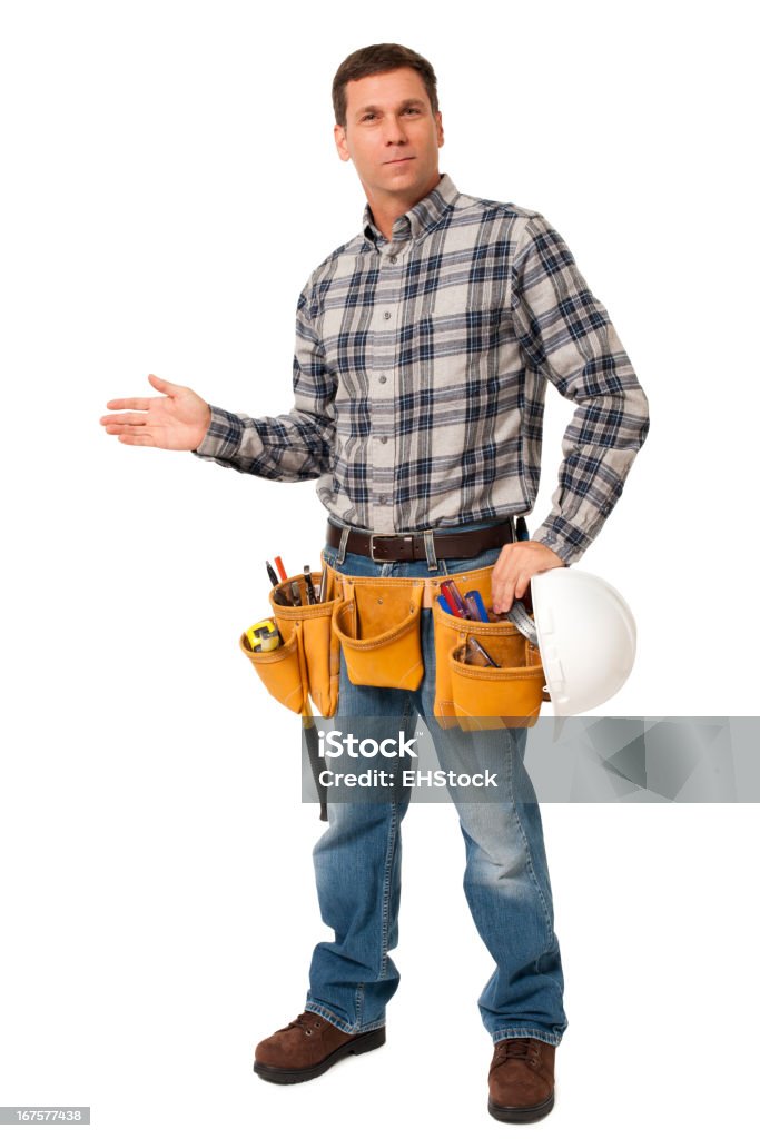 Construction Entrepreneur Carpenter gestes isolé sur fond blanc - Photo de Chemise écossaise libre de droits