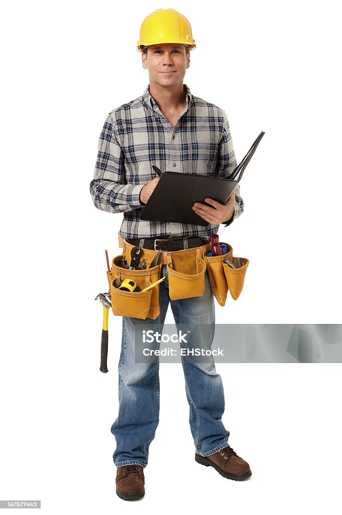 Construction Contractor Carpenter with Folder Folio Isolated on White Background Construction Worker Stock Photo