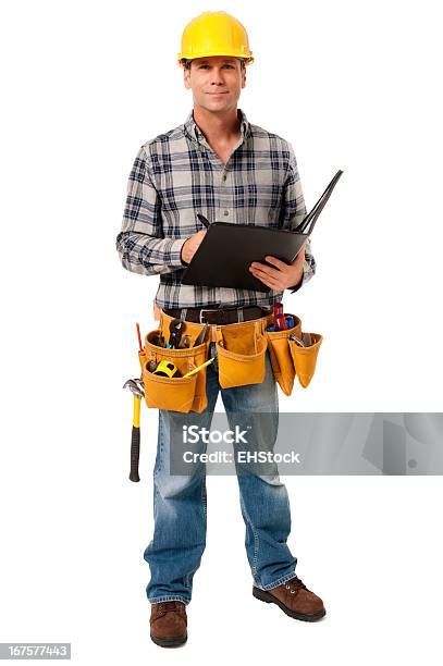 Construction Contractor Carpenter With Folder Folio Isolated On White Background Stock Photo - Download Image Now