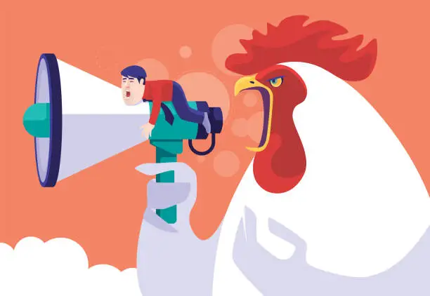 Vector illustration of rooster crowing with megaphone which being held by sleepy man