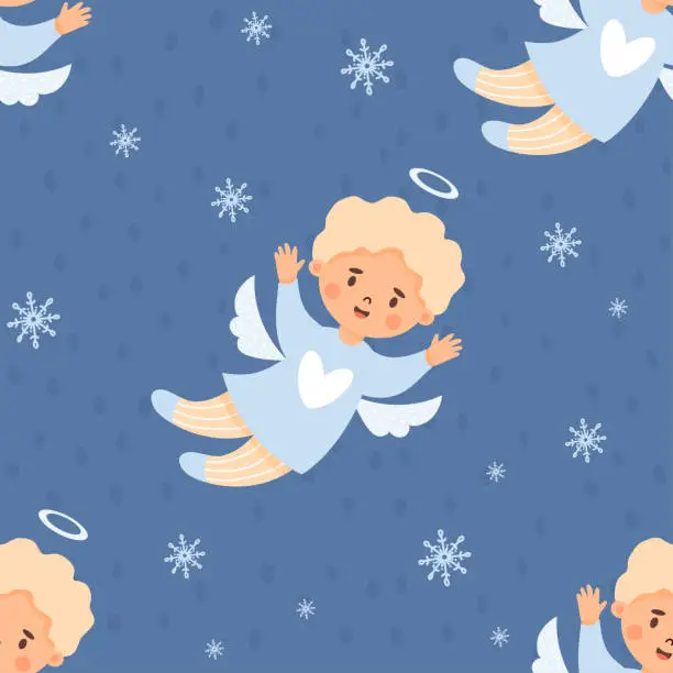 Vector illustration of Christmas seamless pattern. Cute angel boy on blue background with snowflakes. Vector illustration in cartoon style. Xmas winter kids collection.