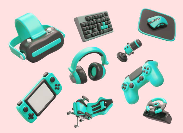 istock Realistic gamer accessories. Gadgets for virtual reality. Keyboard, mouse, mic, headphones, chair 1675780766
