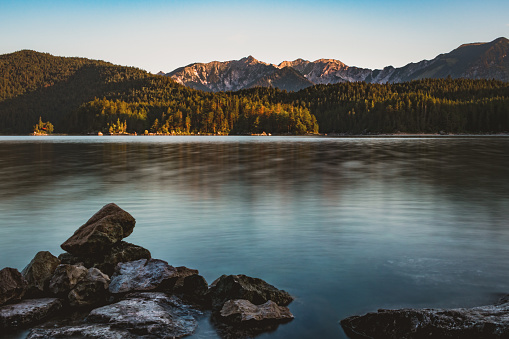 View at the lake Eibsee in Germany, captured at sunrise