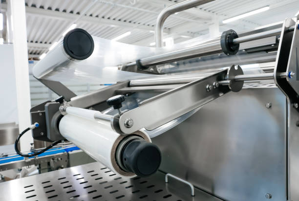 thermoformer top film reel holder film unwinding system Processing Packaging equipment thermoformer on vacuum packaging sealing machine industrial factory. Packing food production line. Vacuum machine termoformadora superior soporte de película soporte película sistema de desbobinado procesamiento equipo de envasado termoformadora en fábrica industrial de máquinas de sellado de envasado al vacío. línea de envasado de alimentos. máquina de vacío