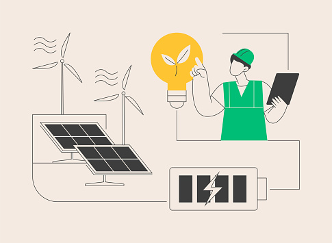 Energy storage abstract concept vector illustration. Energy collection methods, electrical power grid, accumulator battery, solar panel, wind turbine, renewable technologies abstract metaphor.