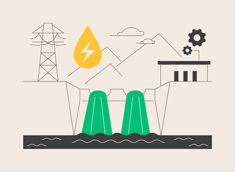 Hydropower abstract concept vector illustration. Hydropower electricity, water power, renewable sources, falling fast-running, hydroelectric plant, dam turbine generate, river abstract metaphor.