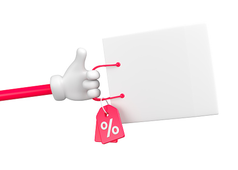 White shopping bag in a red hand with tag and percent. Christmas and New Year's Day event concept. 3d rendering.