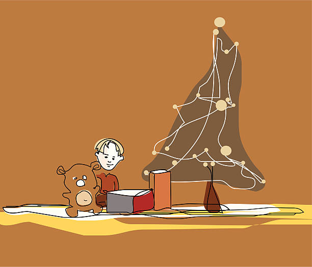 Niño con árbol de navidad - ilustración de arte vectorial