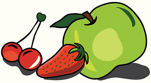 Apple, strawberry, cherry fresh fruits: green apple,strawberry,cherry chandler strawberry stock illustrations