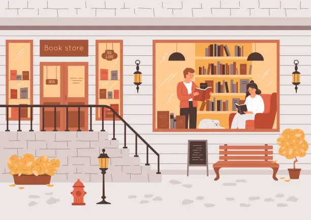 Vector illustration of Bookstore with big window, people inside reading books, woman sitting in the chair, man standing, cat sleeping indoor.