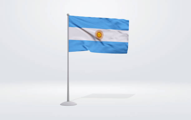 istock 3D illustration of an Argentine flag extended on a flagpole and a studio backdrop in the background. 1675811301