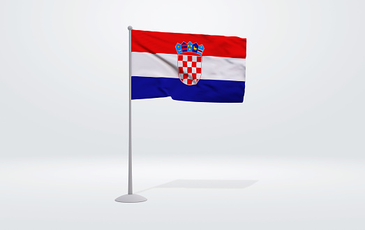 3D illustration of a Croatian flag extended on a flagpole and a studio backdrop in the background.