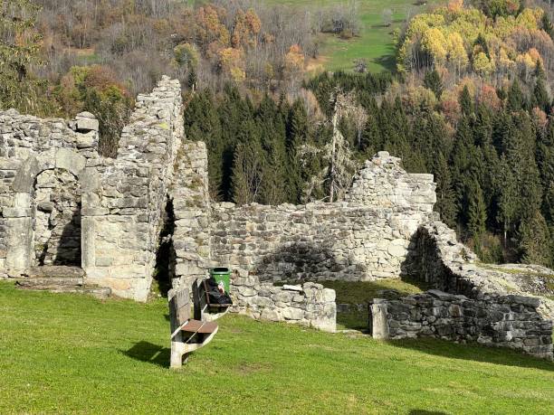 ruiny zamku jörgenberg (zamek joergenberg) lub casti munt sogn gieri (ruiny munt sogn gieri), waltensburg - kanton gryzonia, szwajcaria (kanton gryzonia, szwajcaria) - munt tower zdjęcia i obrazy z banku zdjęć