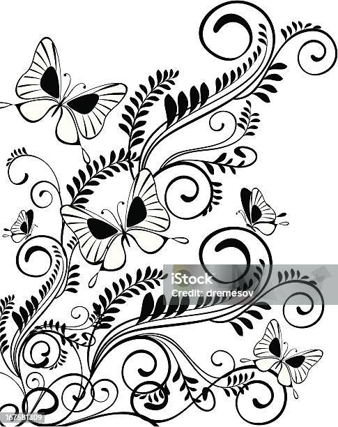 Цветочный Элемент Дизайна С Бабочками — стоковая векторная графика и другие изображения на тему Абстрактный - Абстрактный, Без людей, Ботаника