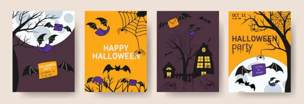 Vector illustration of Happy Halloween party posters set with night trees and bats in flat style. Vector illustration. Full moon, spiders web and flying envelopes. Brochure background