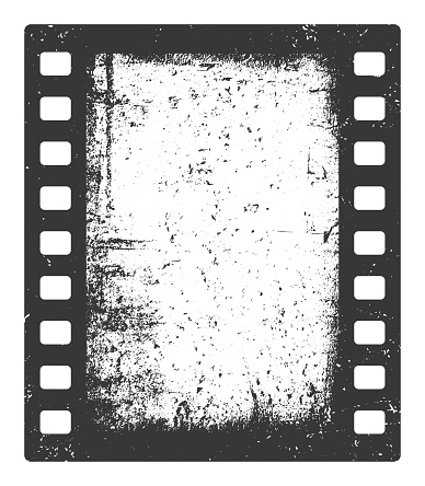 Vector illustration of 35mm analog filmstrip. Vintage Camera, Cinema, Old Movie film grunge background with copy space. Isolated on a white background.