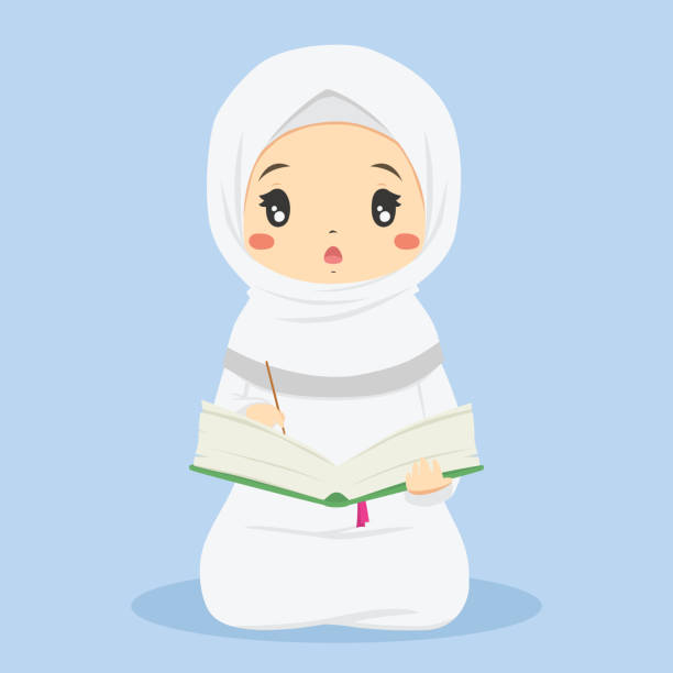 Cute Muslim Girl Reading Quran Character Vector Muslim girl reading Quran character vector. cute Muslim girl in white clothes reading Quran, and pointing at the letters in the Quran with a pointer stick. allah the god islam cartoons stock illustrations