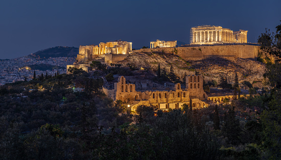 Night view of Ancient Acropolis with cityscape of Athens capital of Greece
