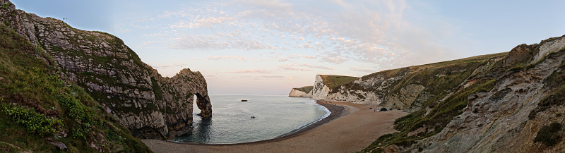 Most Beautiful High Angle Panoramic View of British Landscape and Sea View of Durdle Door Beach of England Great Britain, UK. Image Was captured with Drone's camera on September 9th, 2023