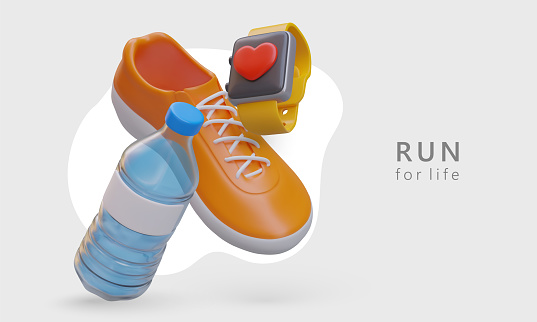 Run for life. Realistic smart watch with heart on screen, water bottle, sports shoes. Promotion of healthy lifestyle. Sports every day. Morning runs. Vector poster with text
