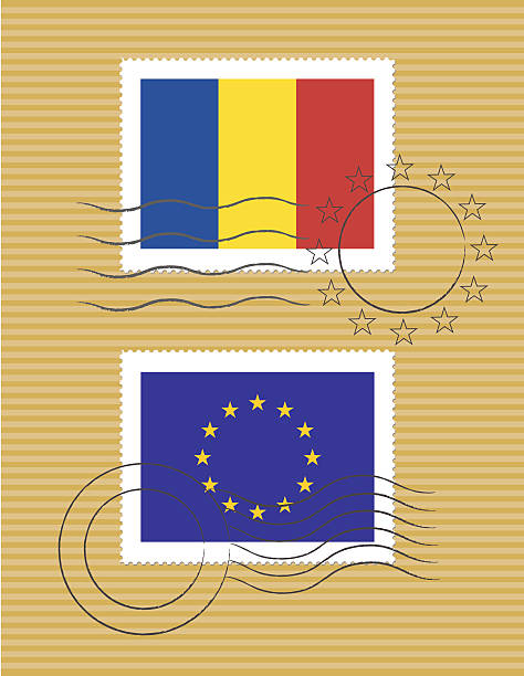 Stamps with flag of Romania and EU vector art illustration