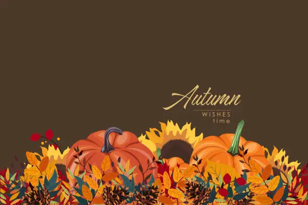 Vector illustration of Autumn border, autumn leaves, horizontal banner