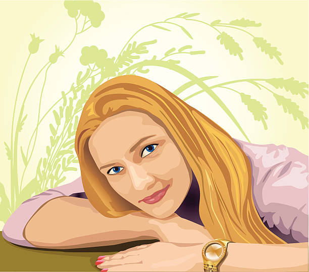 beautiful young woman with long hair vector art illustration