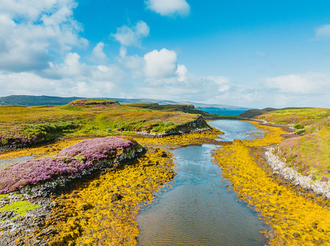 Drone view of Loch Dunvegan seen from Dunvegan Beach on the Isle of Skye in Scotland