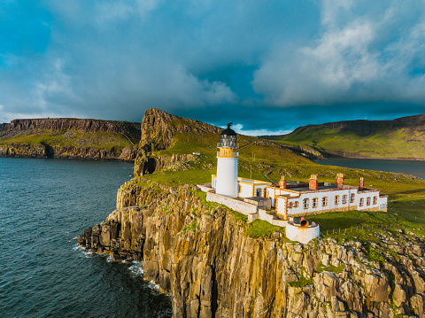 Drone view of Neist Point Lighthouse, Isle of Skye, Scotland