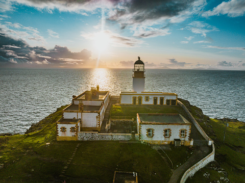 Drone view of Neist Point Lighthouse, Isle of Skye, Scotland